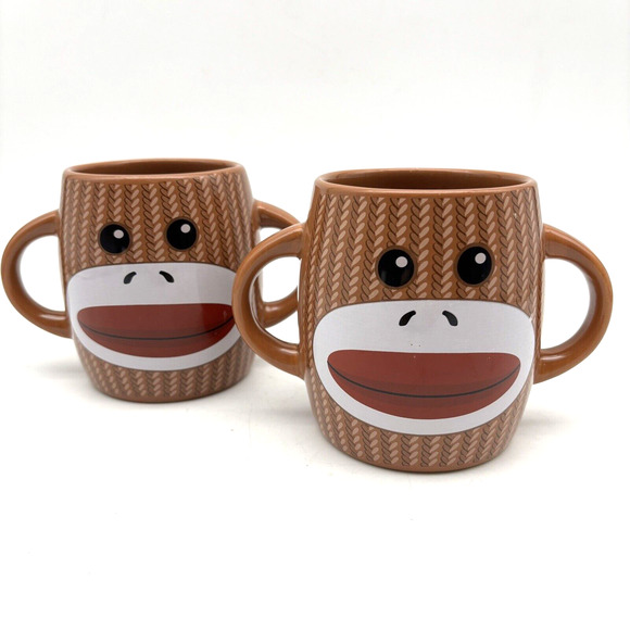 Set of 2 Galerie Brown Sock Monkey Design Double Handle 14oz Mugs - Picture 1 of 11